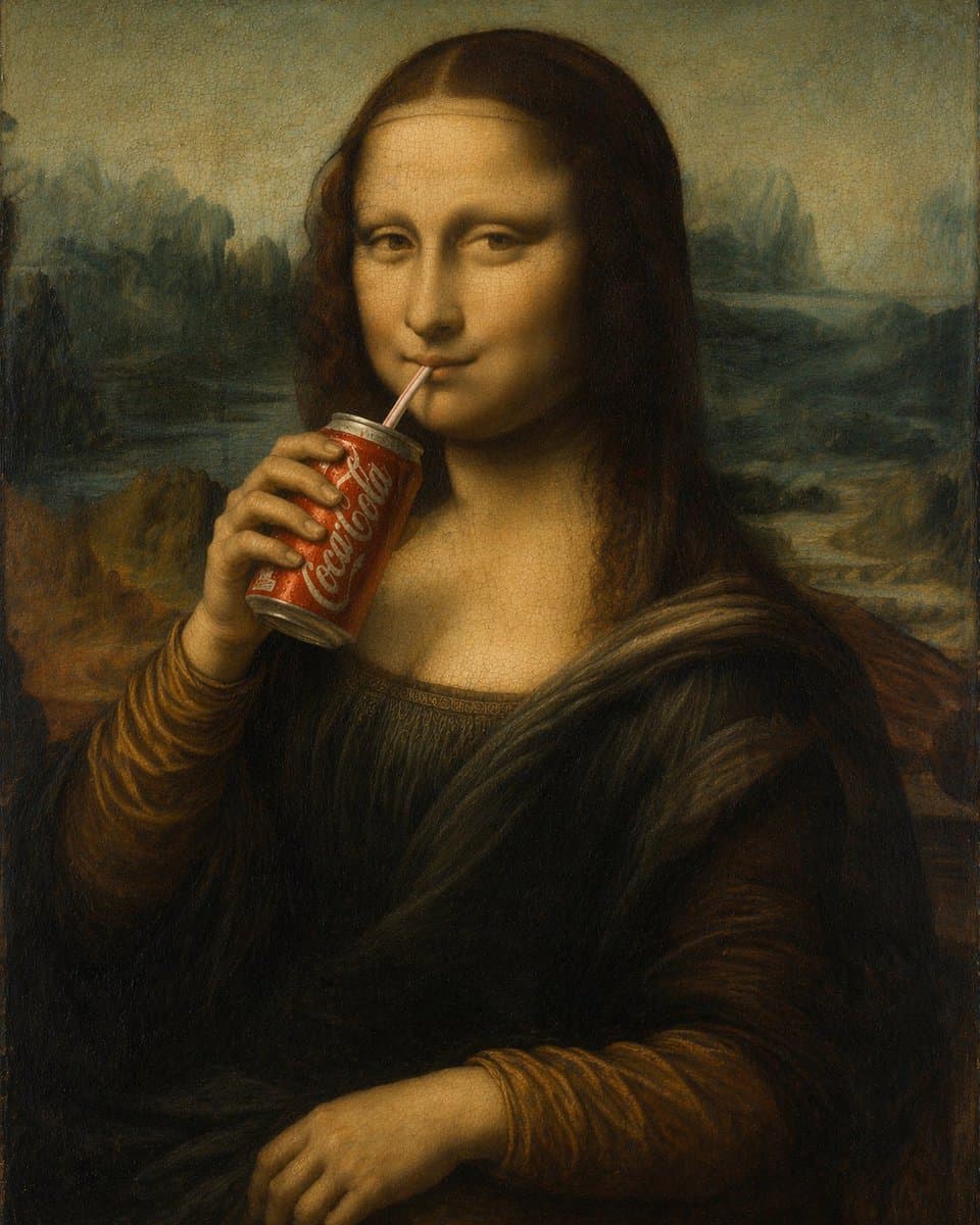 蒙娜丽莎畅饮可乐的趣味油画