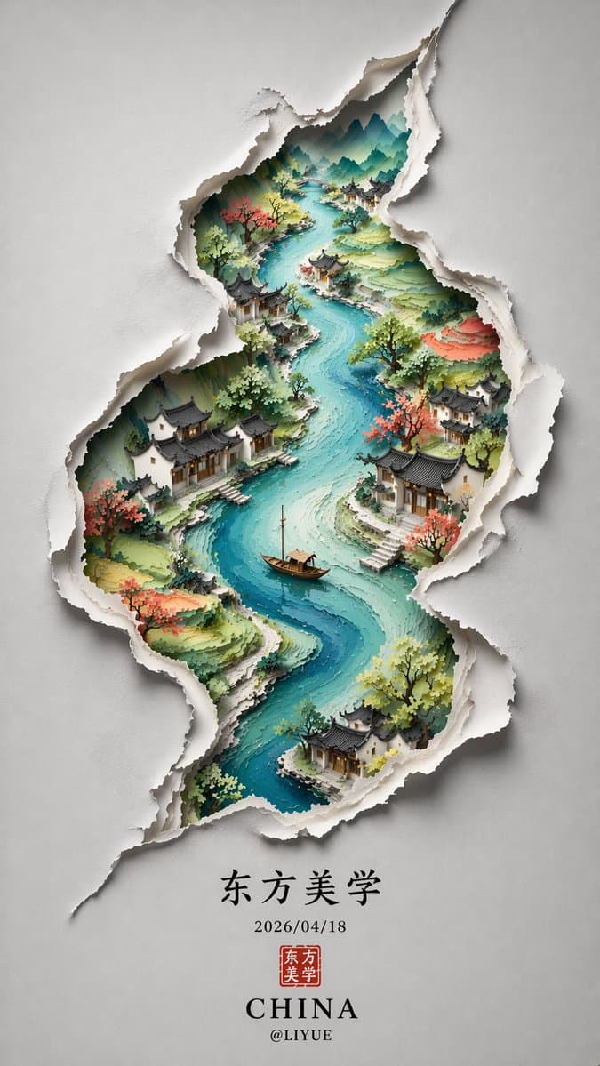 裂痕里的水墨东方山水画卷