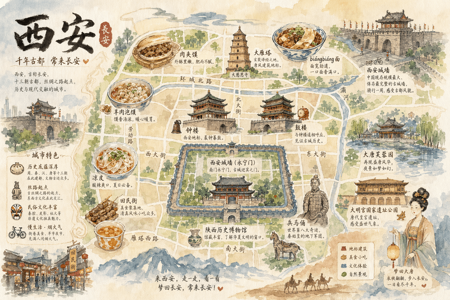 西安手绘水彩城市地图
